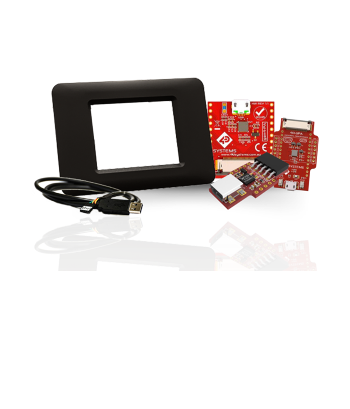 4D Systems display accessories including bezels, programmers, expansion boards and cables